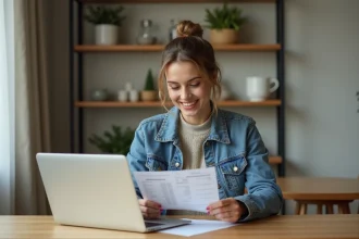 Femme en denim et pull neutre dans un intérieur scandinave