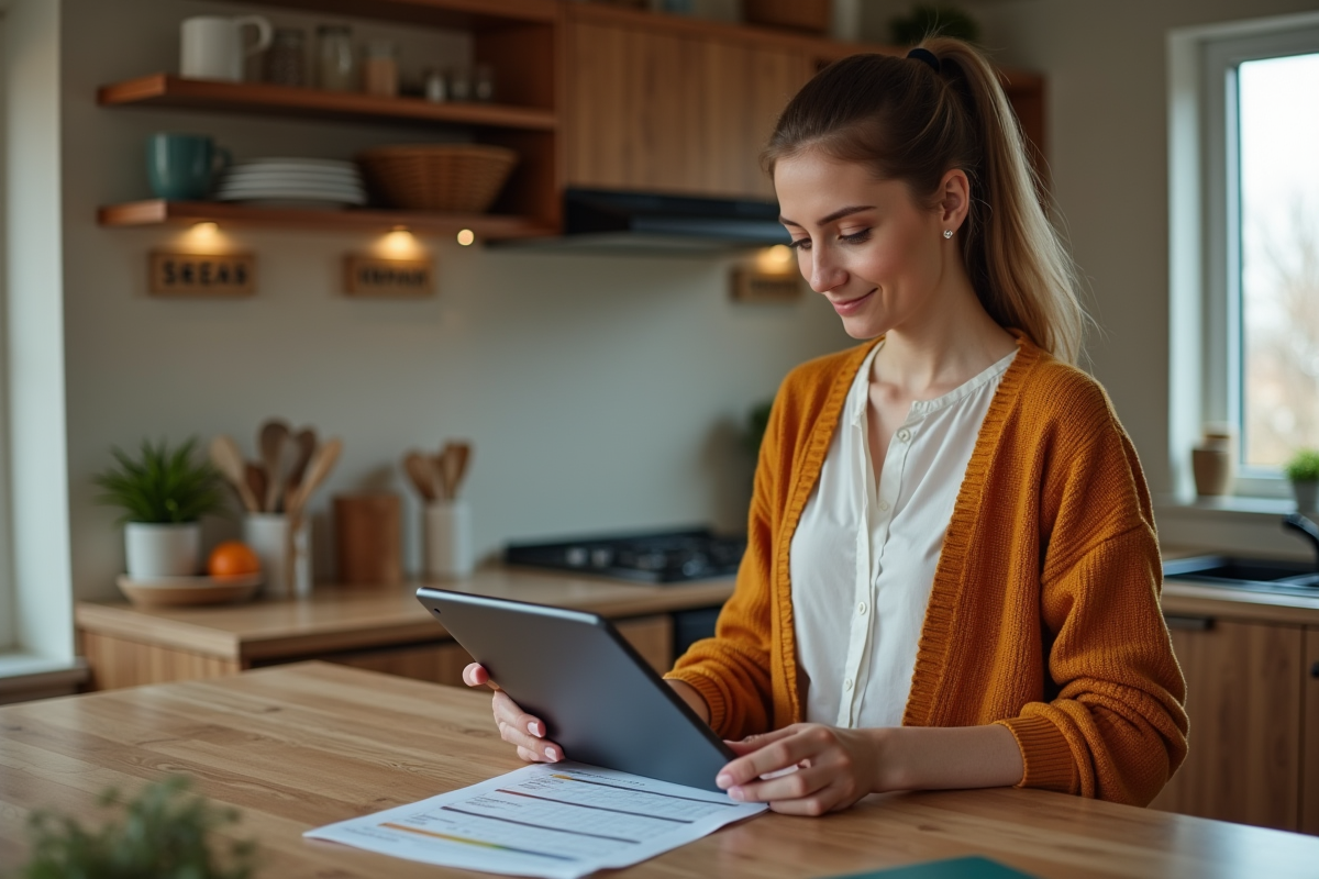 Jeune femme en cuisine utilisant une tablette