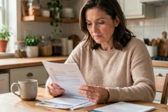 Femme d'une quarantaine d'années qui examine des documents de mutuelle santé à sa table de cuisine, illustrant la question du remboursement et de la complémentaire santé