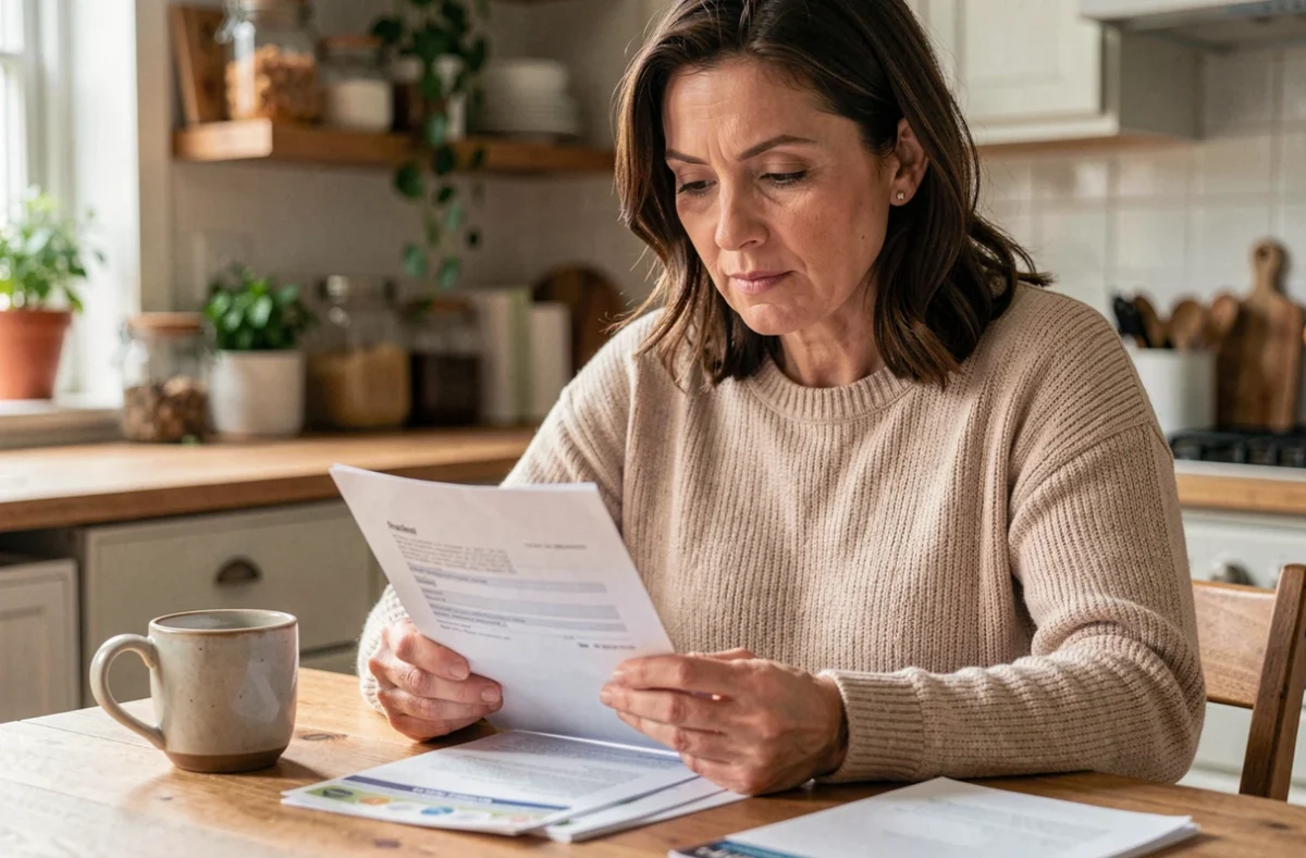 Femme d'une quarantaine d'années qui examine des documents de mutuelle santé à sa table de cuisine, illustrant la question du remboursement et de la complémentaire santé