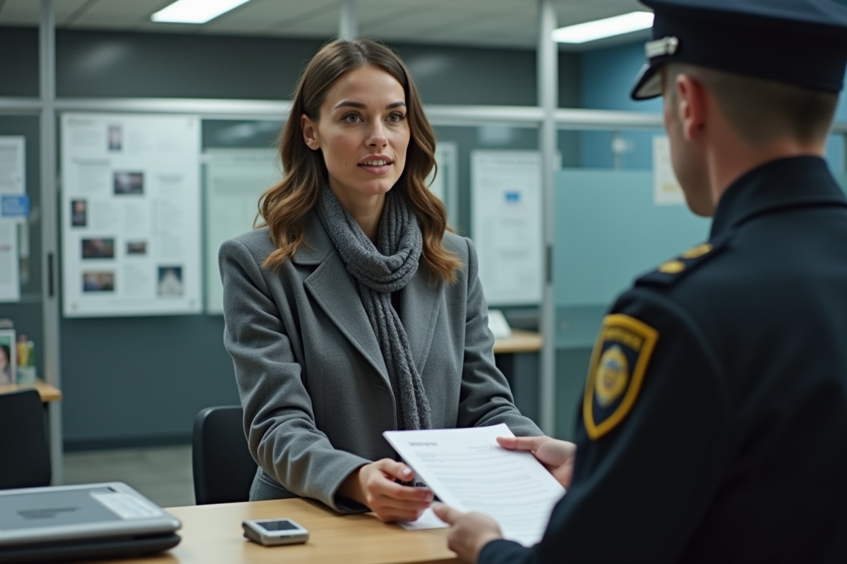 Jeune femme remettant des documents au poste de police