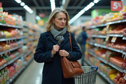Femme anxieuse dans une épicerie avec sac à main