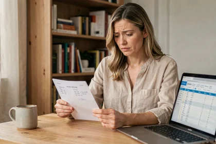 Femme consultant sa fiche de paie à son bureau pour calculer son salaire net après prélèvement à la source