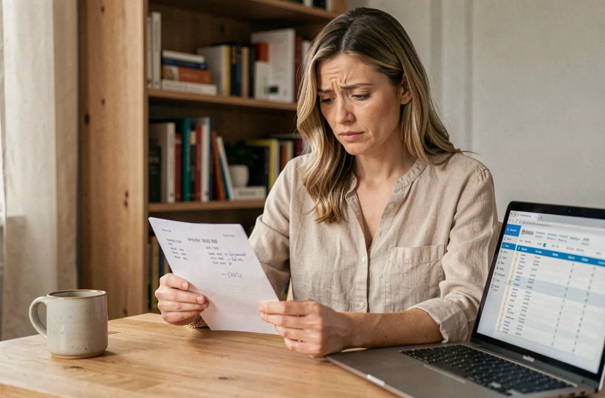 Femme consultant sa fiche de paie à son bureau pour calculer son salaire net après prélèvement à la source