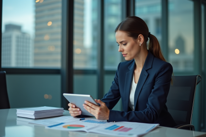 Femme confiante en costume bleu analysant des graphiques financiers