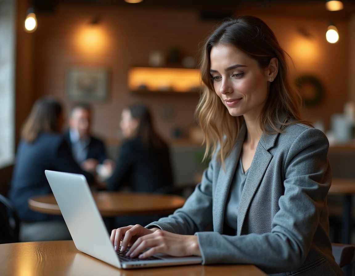 Femme consultant un forum financier type Boursorama sur ordinateur portable dans un café