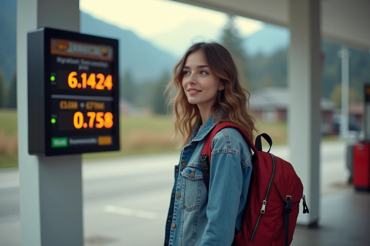 Jeune femme fran&ccedil;aise devant une station essence en Suisse