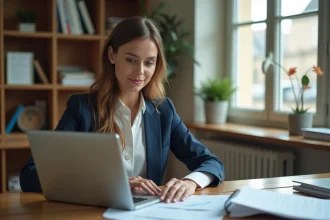 Jeune femme française remplissant une demande de crédit à domicile