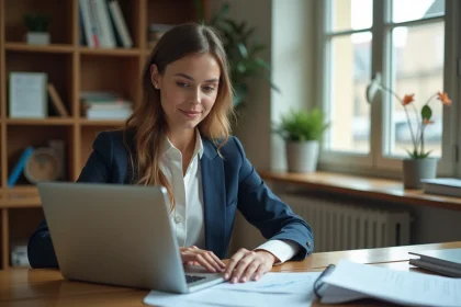 Jeune femme française remplissant une demande de crédit à domicile