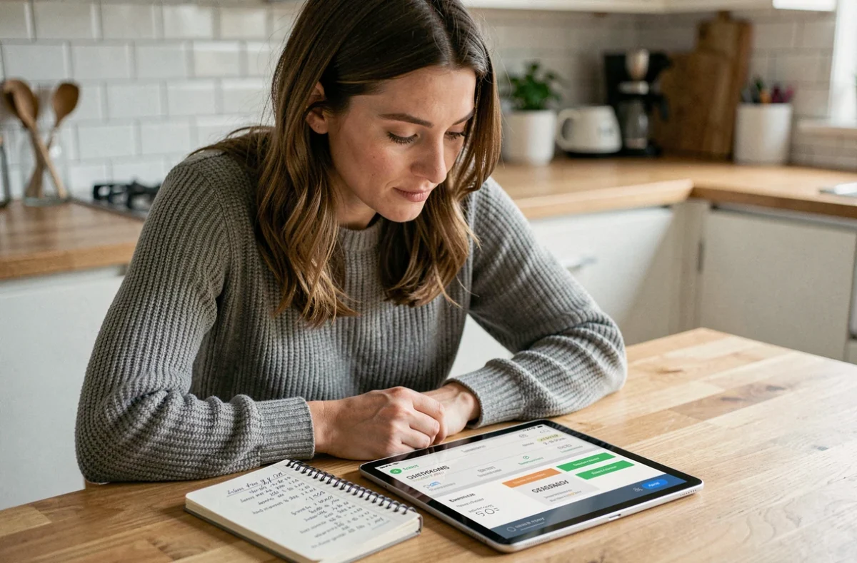 Femme gérant son épargne sur tablette avec calculs budgétaires dans une cuisine moderne