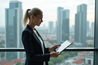 Femme professionnelle avec tablette sur balcon urbain