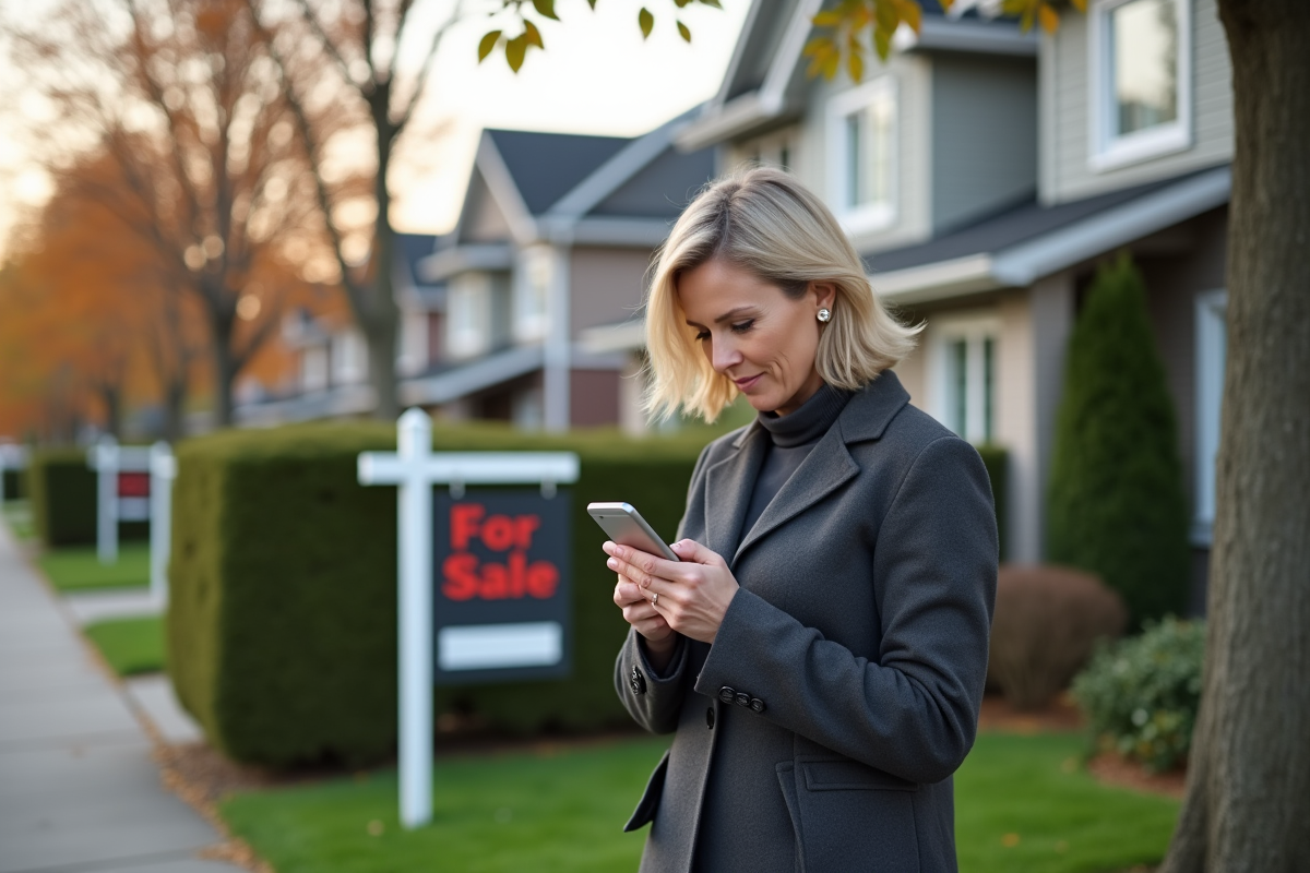Femme vérifiant annonces immobilières sur son smartphone
