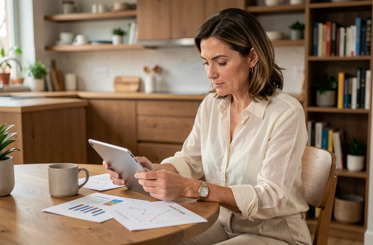 Femme consultant son portefeuille d'investissement immobilier SCPI sur une tablette à domicile
