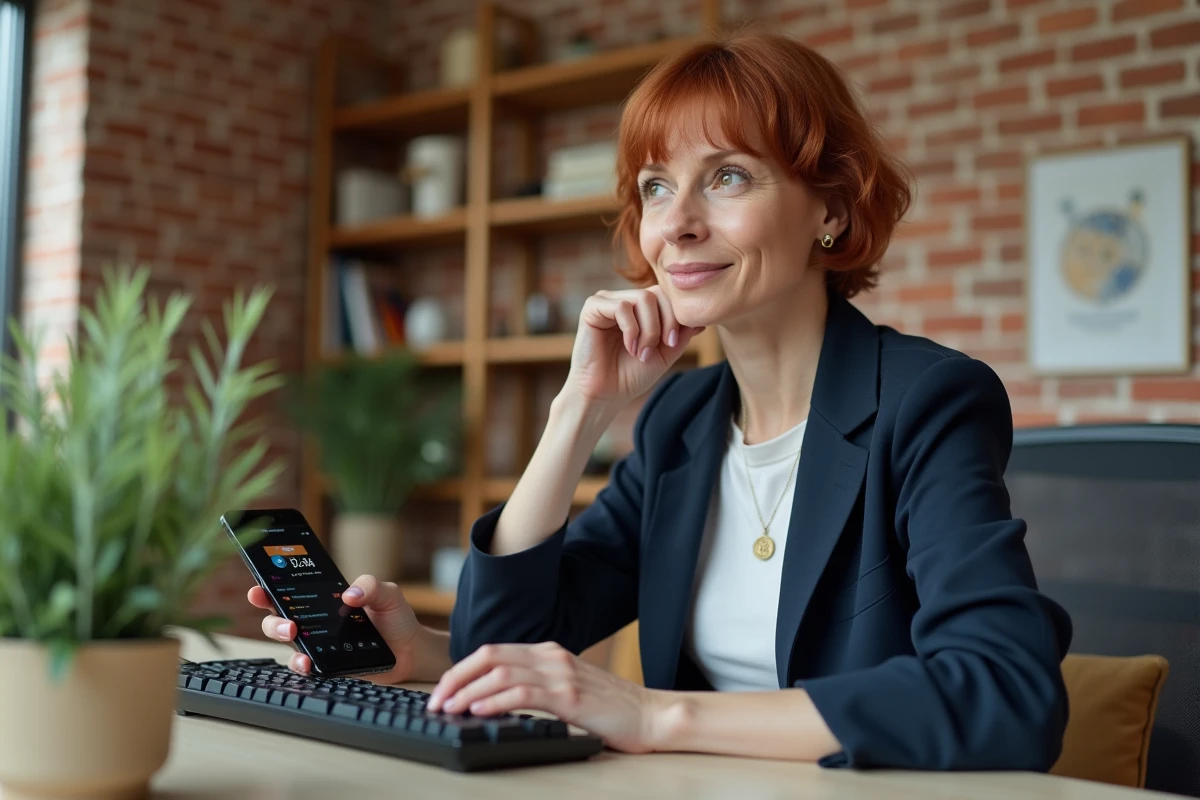 Femme investisseuse consultant son portefeuille Bitcoin sur smartphone dans un bureau à domicile