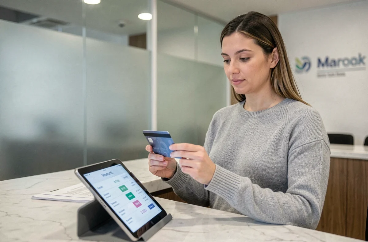 Femme consultant les rendements de son livret A sur une tablette dans une agence bancaire moderne