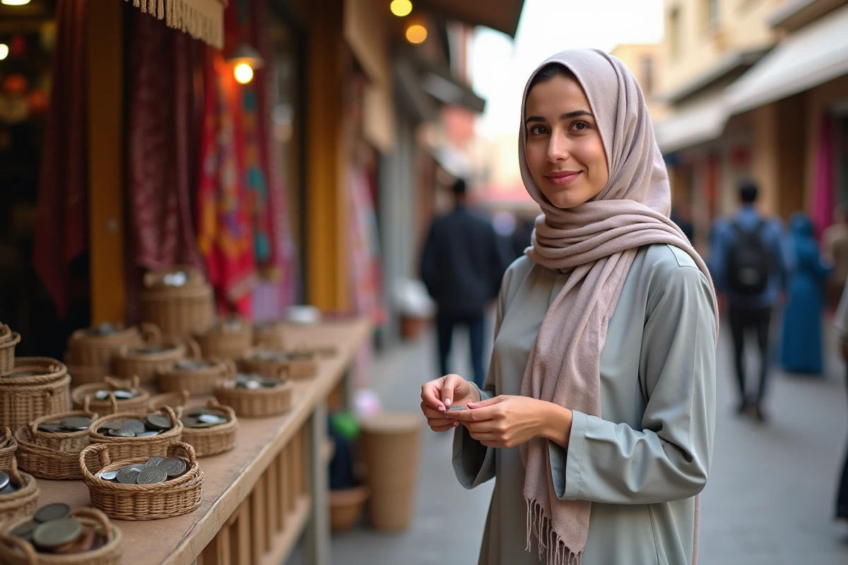Jeune femme comptant des dirhams dans un march&eacute;