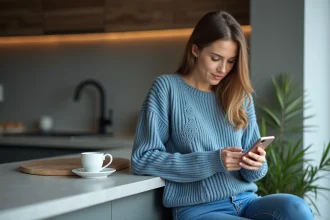 Femme en sweater bleu vérifiant ses factures mobiles