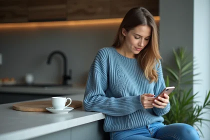 Femme en sweater bleu v&eacute;rifiant ses factures mobiles