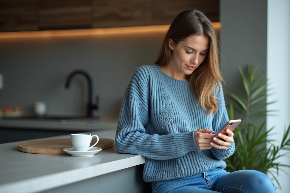Femme en sweater bleu vérifiant ses factures mobiles