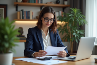 Femme professionnelle en bureau moderne avec documents et calculatrice