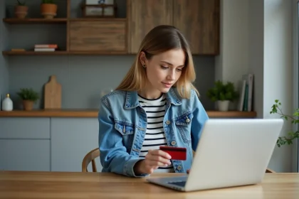 Jeune femme avec carte de paiement dans une cuisine cosy