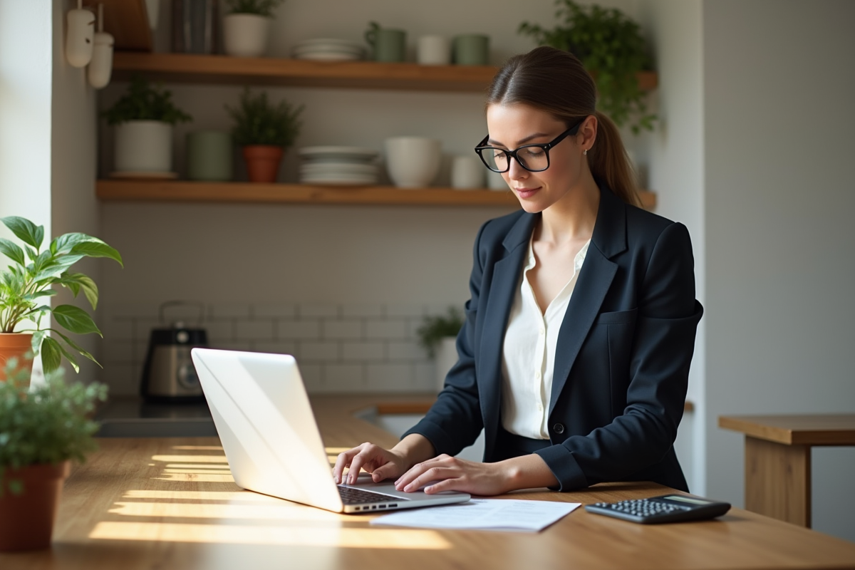 Jeune femme tapant sur un ordinateur dans la cuisine