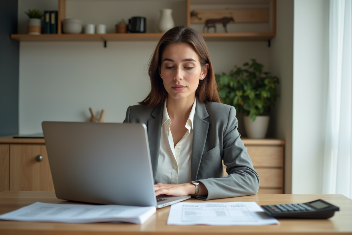 Femme concentrée sur son ordinateur et documents de prêt immobilier