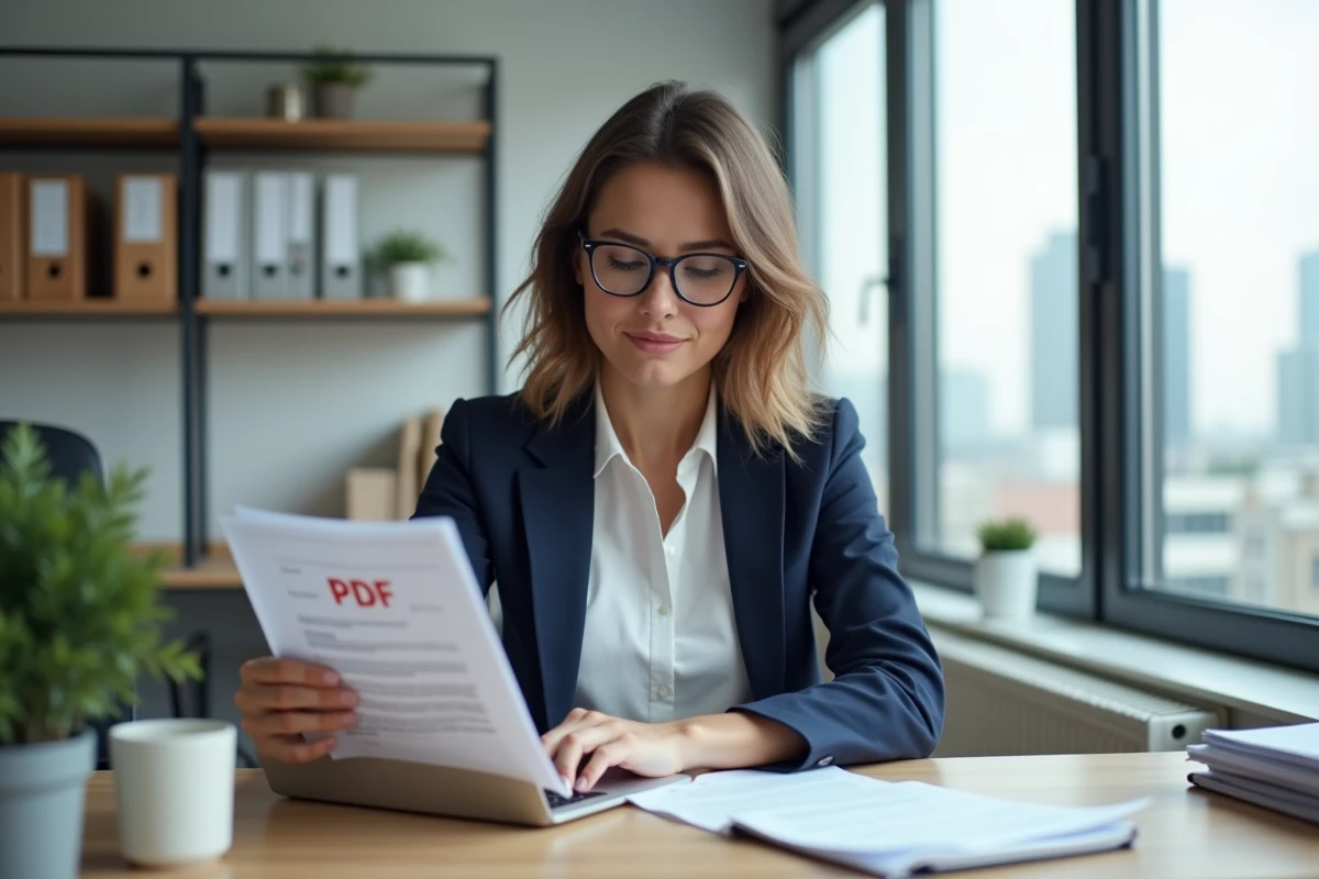 Femme en bureau avec plan comptable et ordinateur