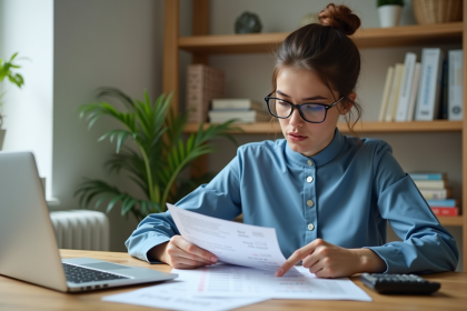 Jeune femme vérifiant son relevé bancaire à la maison
