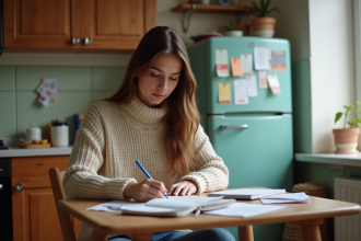 Jeune femme organisant des reçus dans sa cuisine