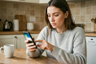 Femme utilisant son smartphone pour payer une facture Free Mobile en plusieurs fois depuis son appartement