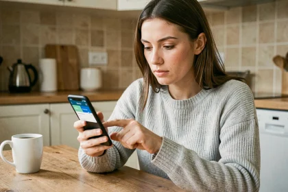 Femme utilisant son smartphone pour payer une facture Free Mobile en plusieurs fois depuis son appartement