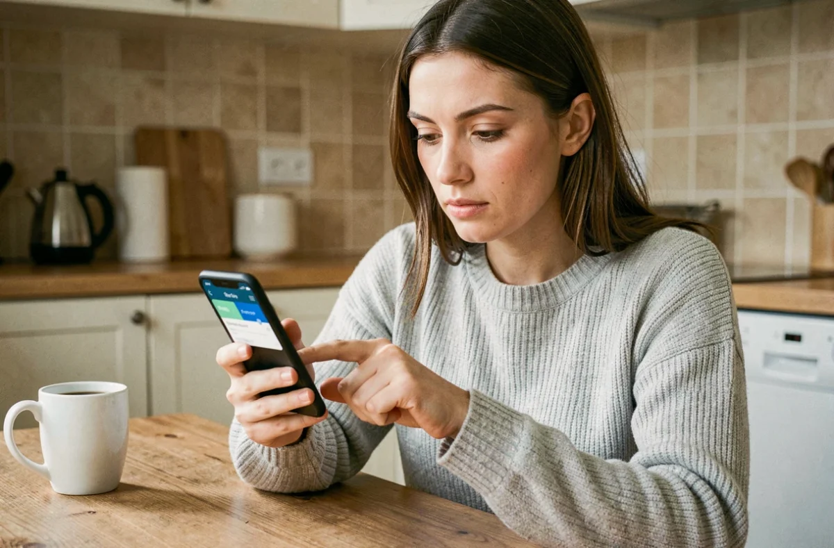 Femme utilisant son smartphone pour payer une facture Free Mobile en plusieurs fois depuis son appartement
