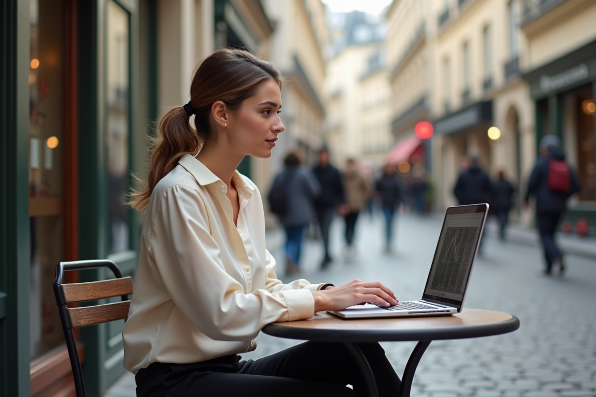 Jeune femme française travaillant sur un ordinateur en terrasse