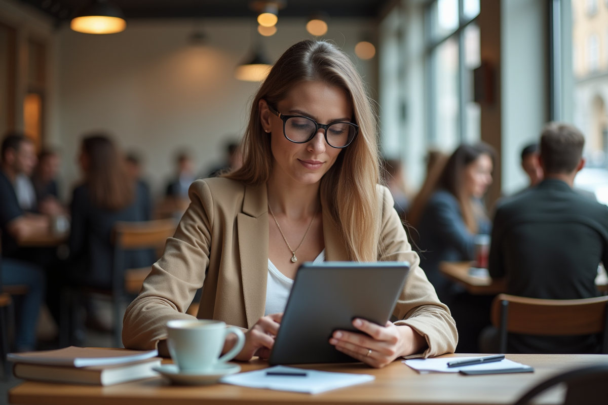 Femme préparant ses impôts dans un café chaleureux