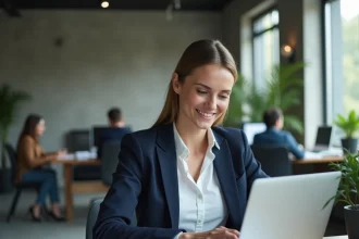 Femme professionnelle en blazer marine consultant des documents financiers sur un ordinateur portable dans un bureau fintech moderne, illustrant la gestion bancaire avec Olinda et Qonto