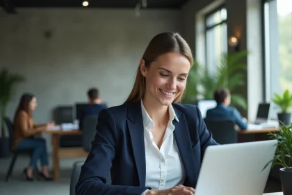Femme professionnelle en blazer marine consultant des documents financiers sur un ordinateur portable dans un bureau fintech moderne, illustrant la gestion bancaire avec Olinda et Qonto