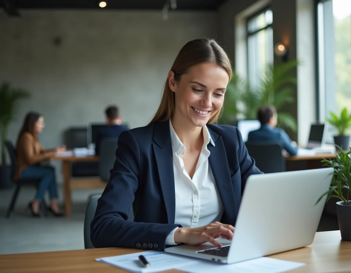 Femme professionnelle en blazer marine consultant des documents financiers sur un ordinateur portable dans un bureau fintech moderne, illustrant la gestion bancaire avec Olinda et Qonto