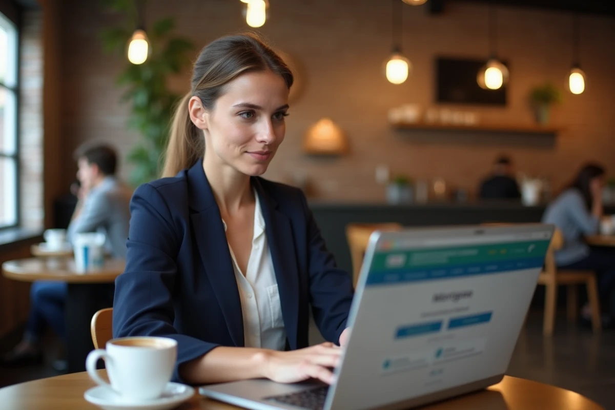 Jeune femme recherchant un meilleur taux de crédit immobilier sur son ordinateur dans un café urbain
