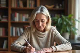Femme remplissant un chèque bancaire à son bureau avec un stylo bille, modèle de chèque visible sur le papier