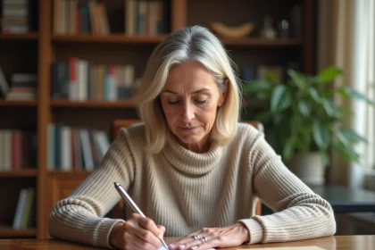 Femme remplissant un chèque bancaire à son bureau avec un stylo bille, modèle de chèque visible sur le papier