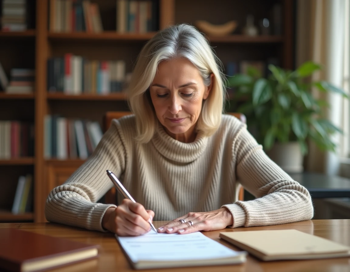 Femme remplissant un chèque bancaire à son bureau avec un stylo bille, modèle de chèque visible sur le papier