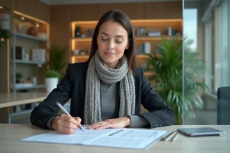 Femme en blazer remplissant un formulaire de prêt à la banque