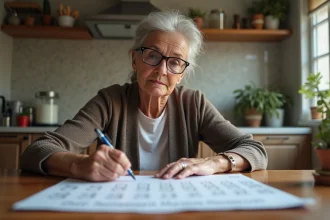 Femme retraitée lisant un calendrier 2026 à la maison