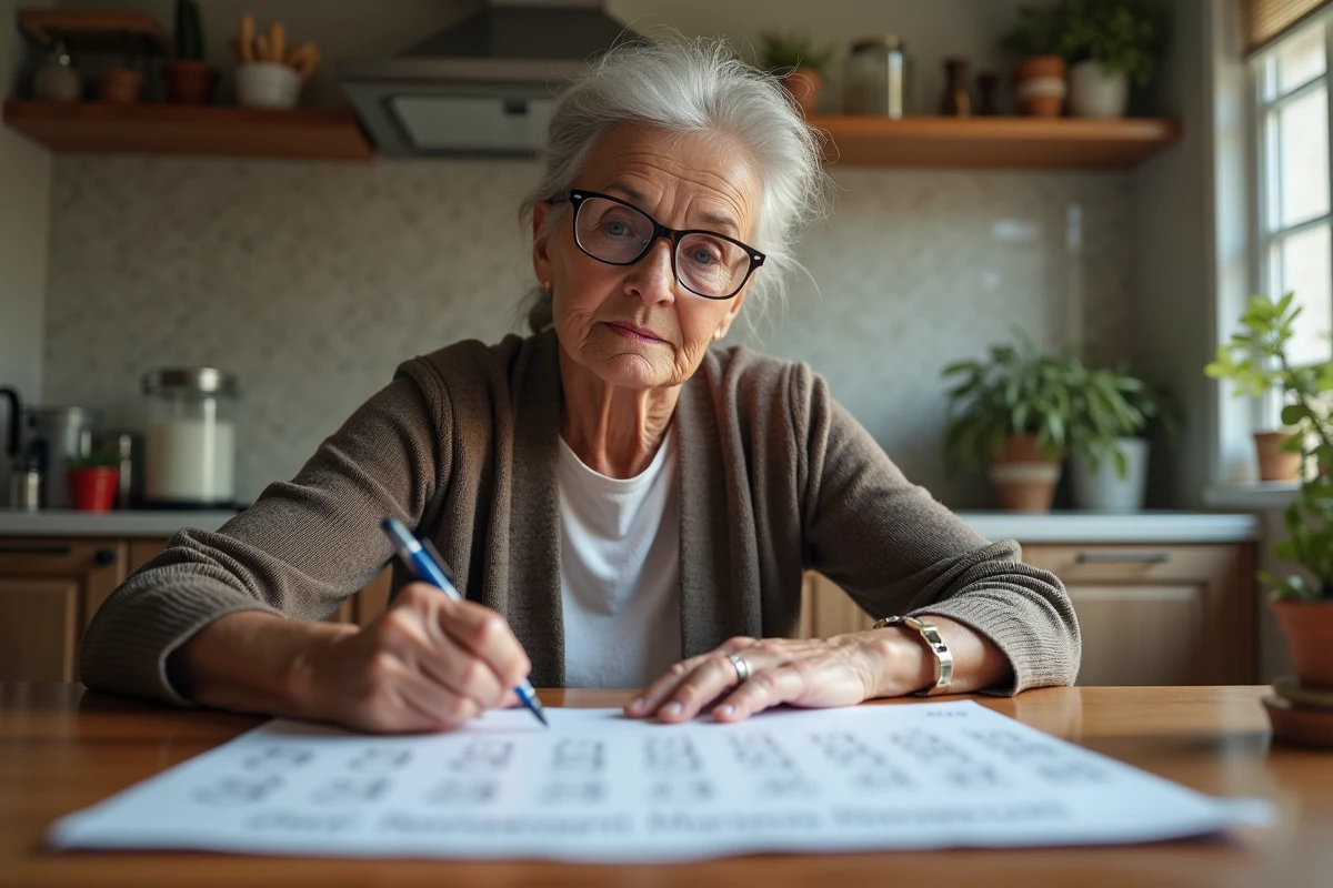 Femme retraitée lisant un calendrier 2026 à la maison