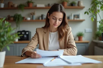 Jeune femme en blazer examine des papiers de pret dans une cuisine moderne