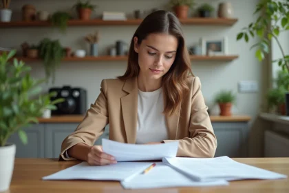 Jeune femme en blazer examine des papiers de pret dans une cuisine moderne