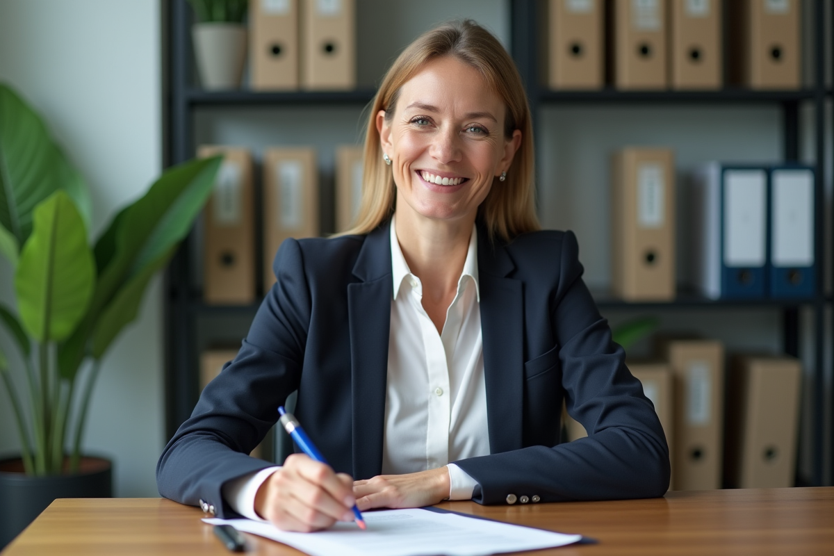 Femme d affaires signant des documents dans un bureau moderne