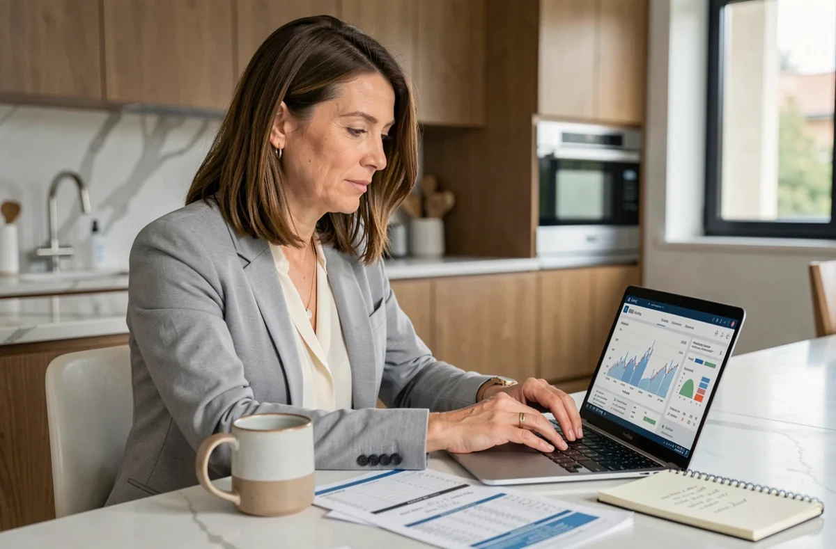 Femme consultant une simulation fiscale sur un ordinateur portable pour comprendre la taxation des SCPI en assurance-vie