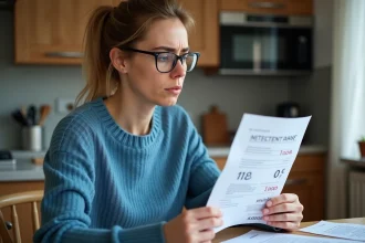 Femme préoccupée examinant un relevé bancaire à la maison